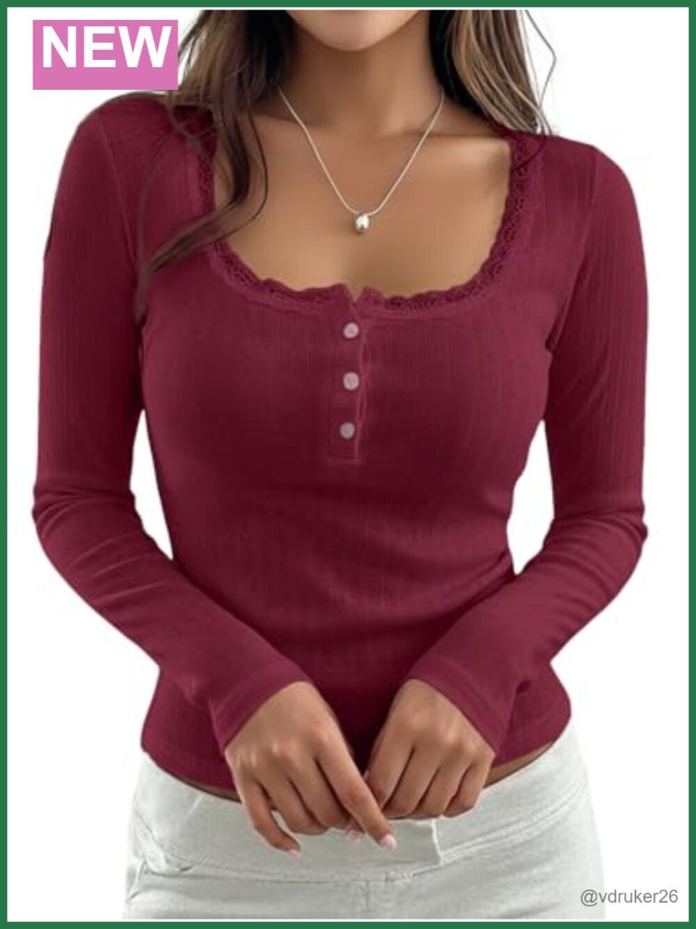 Lace Trim Button Down Cropped Pointelle Tee Long Sleeve Scoop Neck Crop Top
